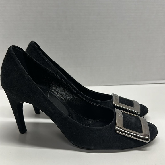 Roger Vivier High Heel Shoes Suede Pumps Round Toe Square Logo Black Size 36.5 - Picture 2 of 13
